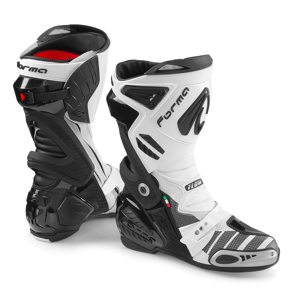 Forma ice pro boots motorcycle flow racing white black footwear comfortable motoamerica motogp gear tech track street road alpine home main support